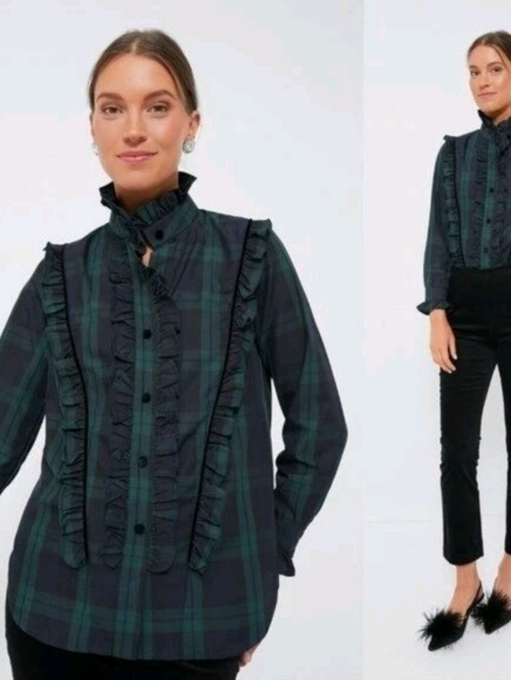 Nwt Tuckernuck Blackwatch Plaid Ruffle Reagan Button Down Shirt Top Size XL